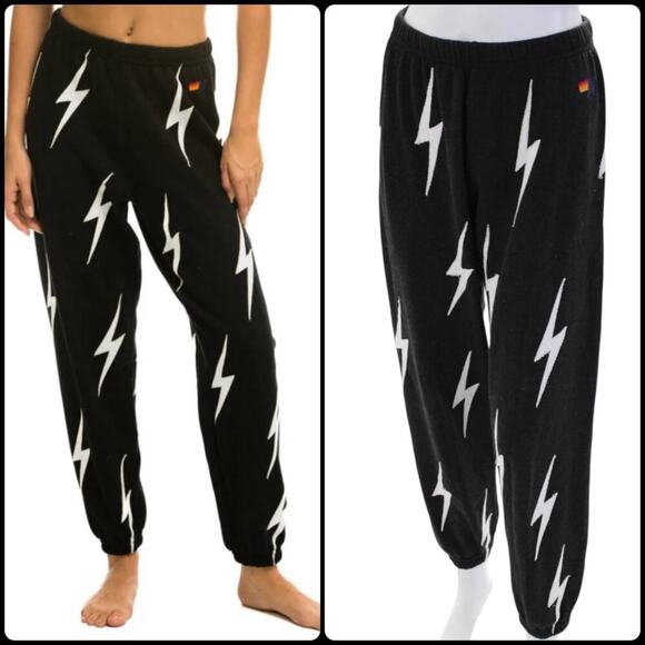 Aviator Nation Repeat Lightning Bolt Sweatpants Black White Graphic Joggers Med - Picture 1 of 14